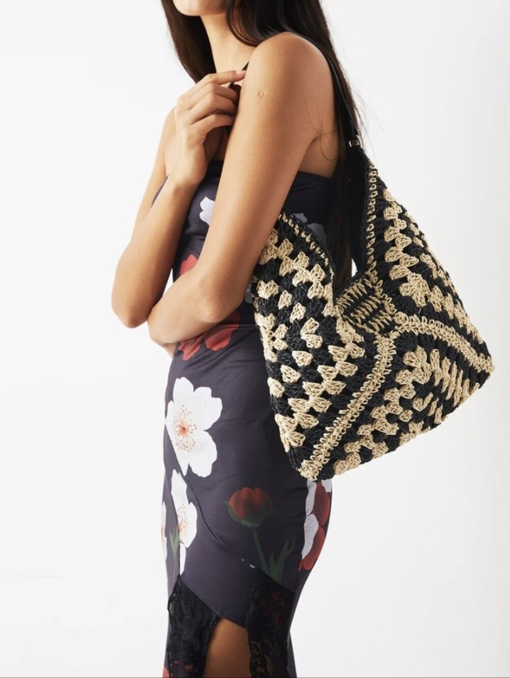 Commense Crochet Straw Shoulder Bag Black Tan OS NWT - Picture 3 of 10